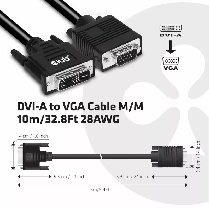 DVI-A į VGA laidas M/M CLUB3D CAC-1243 3m 28 AWG juodas