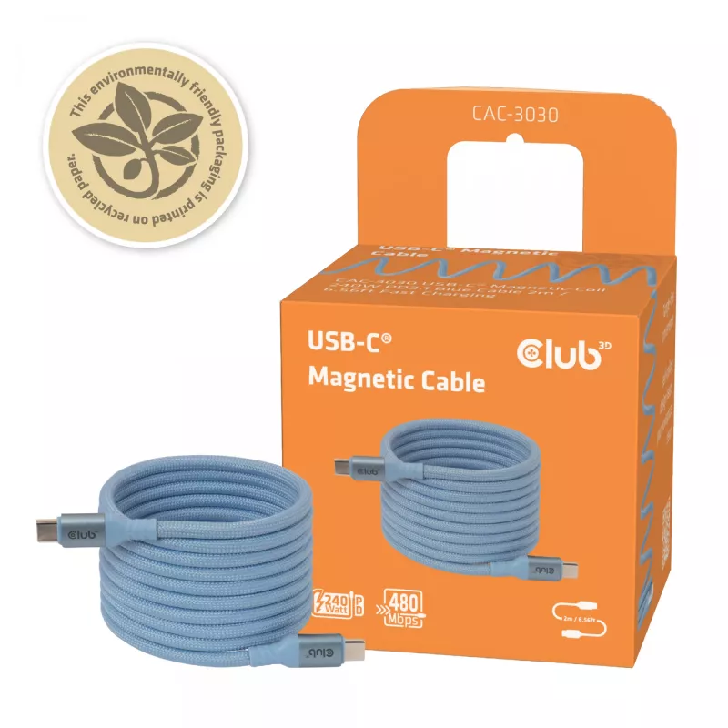 CLUB3D USB-C® Magnetinė Ritė 240W PD3.1 Mėlynas Laidas 2m / 6,56ft Greitas Įkrovimas