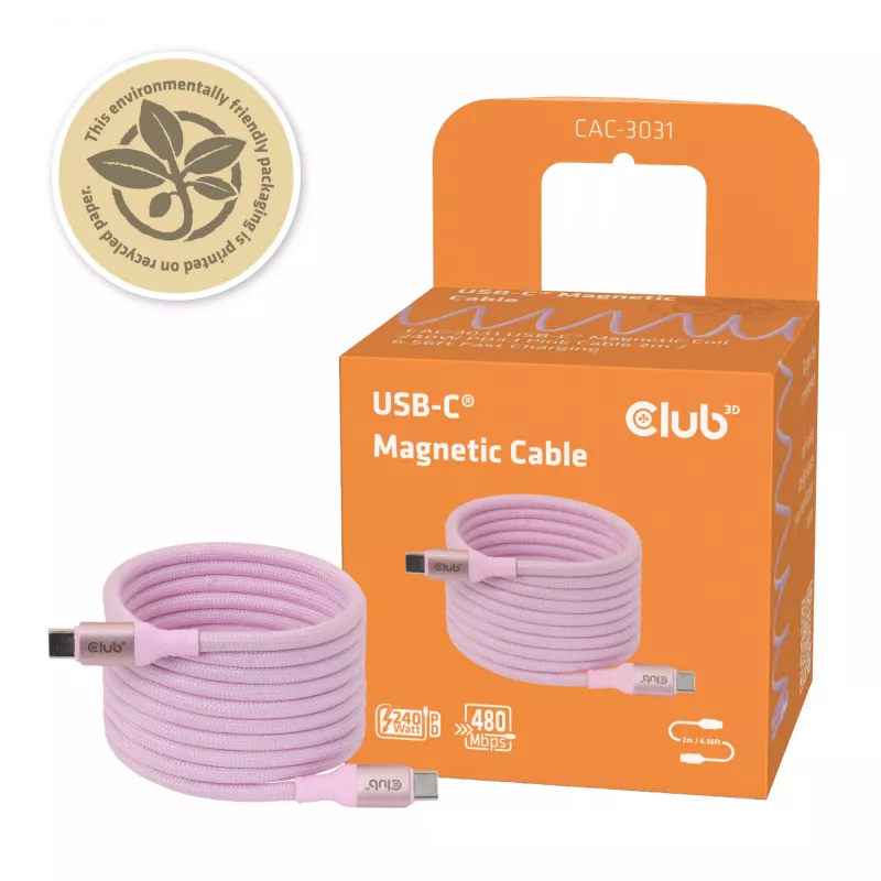 CLUB3D USB-C magnetinė ritė 240W rožinis laidas 2m USB 2.0