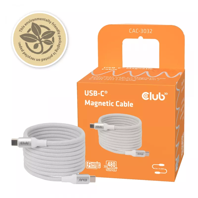 USB-C laidas su magnetine rite Club 3D CAC-3032 — baltas
