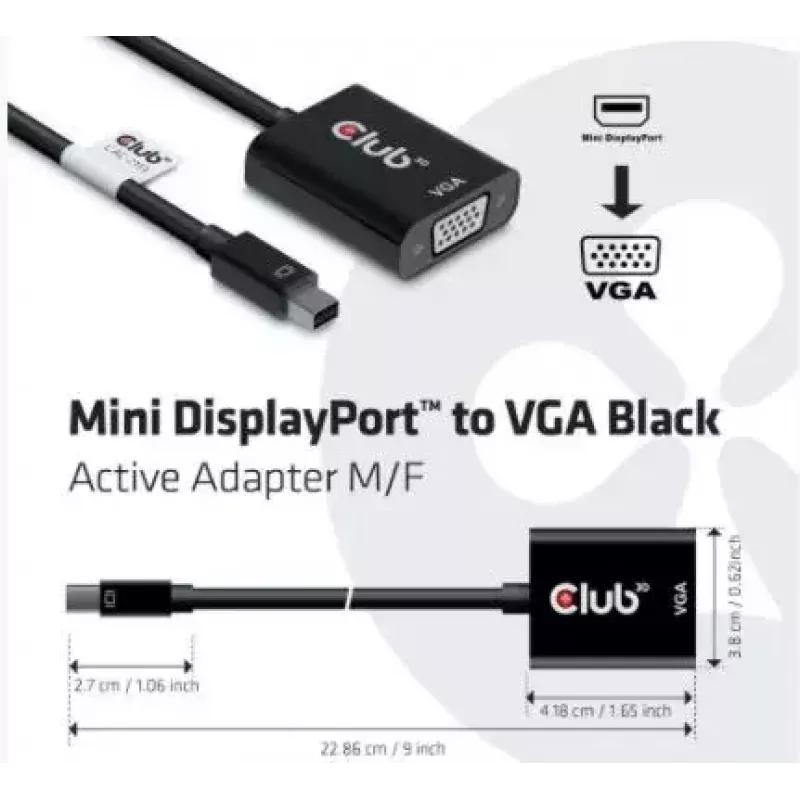 CLUB3D MiniDisplayPort™ į VGA juodas aktyvus adapteris (M/F)