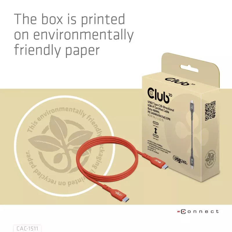 CLUB3D USB2 Type-C abipusis USB-IF sertifikuotas kabelis, duomenys 480 Mb, PD 240W (48V/5A) EPR M/M 4m / 13.13ft