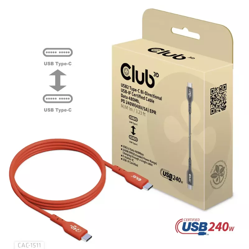 CLUB3D USB2 Type-C abipusis USB-IF sertifikuotas kabelis, duomenys 480 Mb, PD 240W (48V/5A) EPR M/M 4m / 13.13ft