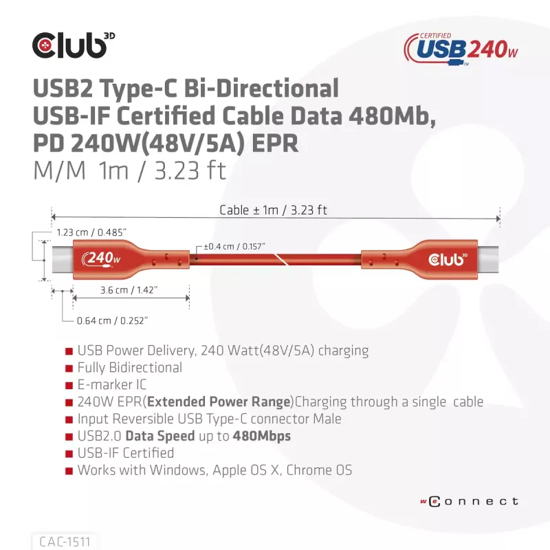 CLUB3D USB2 Type-C abipusis USB-IF sertifikuotas kabelis, duomenys 480 Mb, PD 240W (48V/5A) EPR M/M 4m / 13.13ft