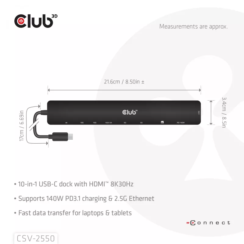 CLUB3D 10-1 nešiojamas USB Type-C 10Gbps dokas su HDMI 8K30Hz ir PD 3.1 140W