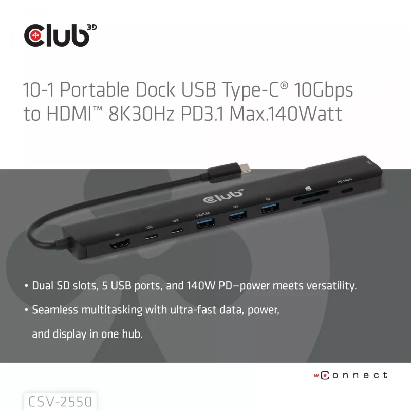 CLUB3D 10-1 nešiojamas USB Type-C 10Gbps dokas su HDMI 8K30Hz ir PD 3.1 140W