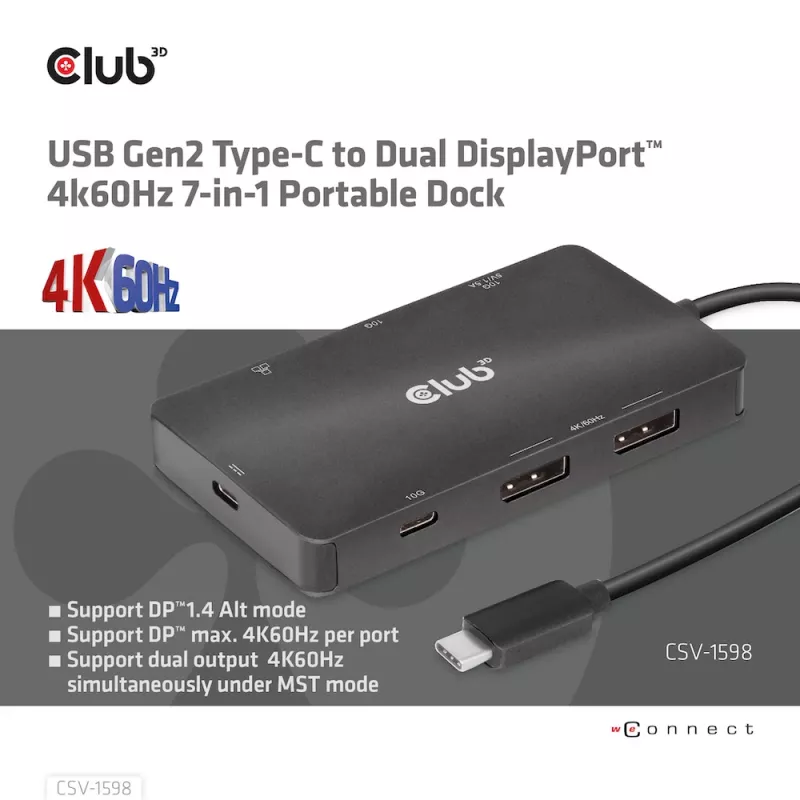 CLUB3D CSV-1598 USB Gen2 Type-C į Dual DisplayPort 4k60Hz 7-in-1 HUB