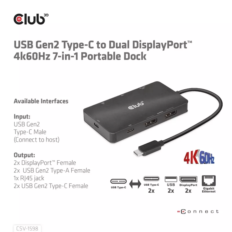 CLUB3D CSV-1598 USB Gen2 Type-C į Dual DisplayPort 4k60Hz 7-in-1 HUB