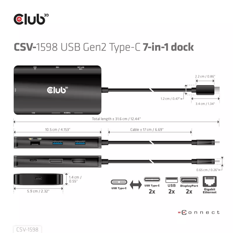 CLUB3D CSV-1598 USB Gen2 Type-C į Dual DisplayPort 4k60Hz 7-in-1 HUB