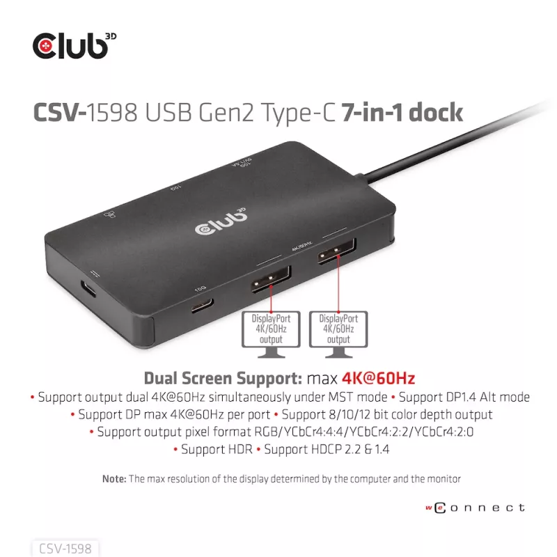 CLUB3D CSV-1598 USB Gen2 Type-C į Dual DisplayPort 4k60Hz 7-in-1 HUB