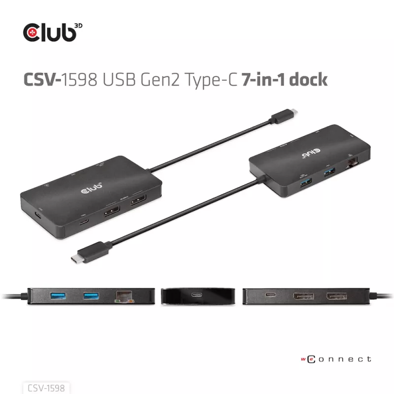 CLUB3D CSV-1598 USB Gen2 Type-C į Dual DisplayPort 4k60Hz 7-in-1 HUB