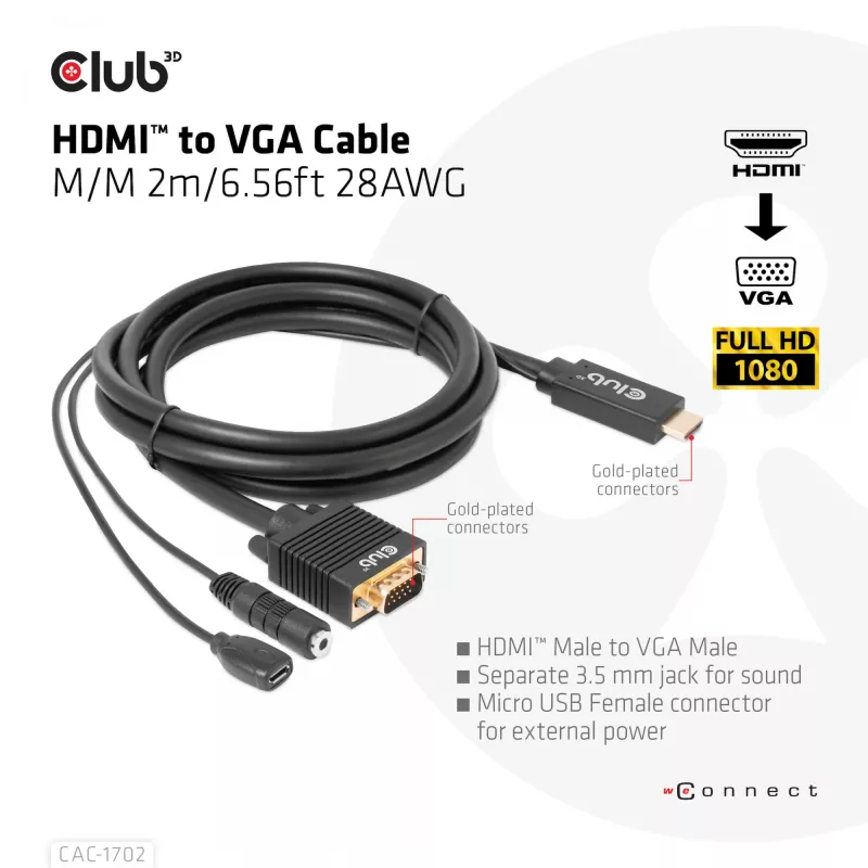 CLUB3D HDMI į VGA laidas M/M 2m / 6,56 pėdos 28AWG