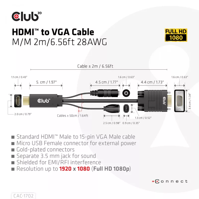 CLUB3D HDMI į VGA laidas M/M 2m / 6,56 pėdos 28AWG