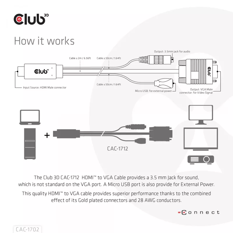 CLUB3D HDMI į VGA laidas M/M 2m / 6,56 pėdos 28AWG