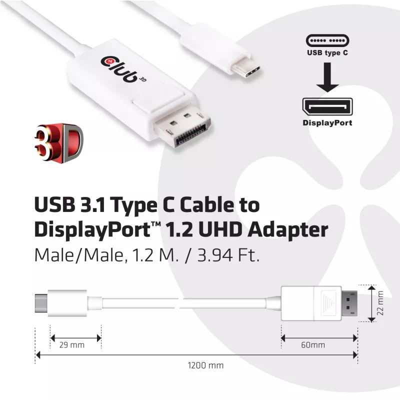 CLUB3D USB 3.1 Type C laidas į DisplayPort 1.2 UHD adapteris CAC-1517