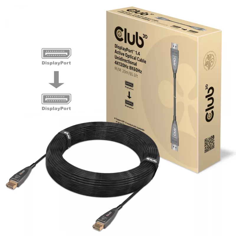 CLUB3D DisplayPort 1.4 aktyvus optinis kabelis, vienakryptis, 4K120Hz 8K60Hz, M/M, 20 m