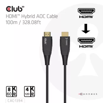 CLUB3D CAC-1394 itin didelės spartos AOC laidas 4K120Hz/8K60Hz vienakryptis M/M 100m