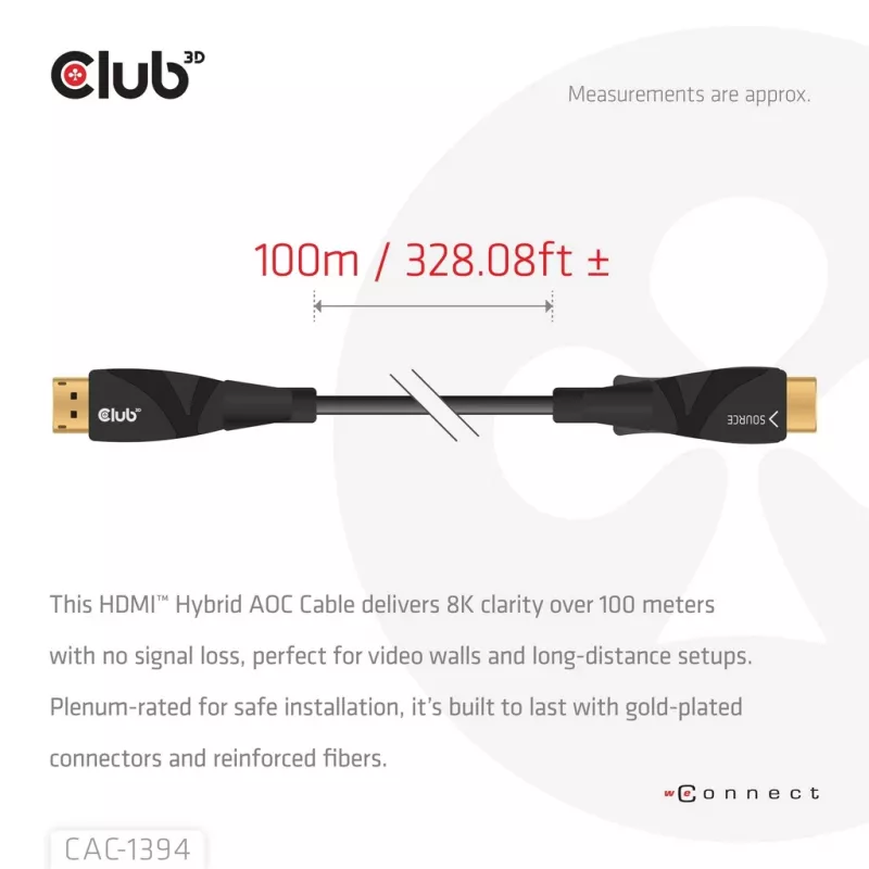 CLUB3D CAC-1394 itin didelės spartos AOC laidas 4K120Hz/8K60Hz vienakryptis M/M 100m