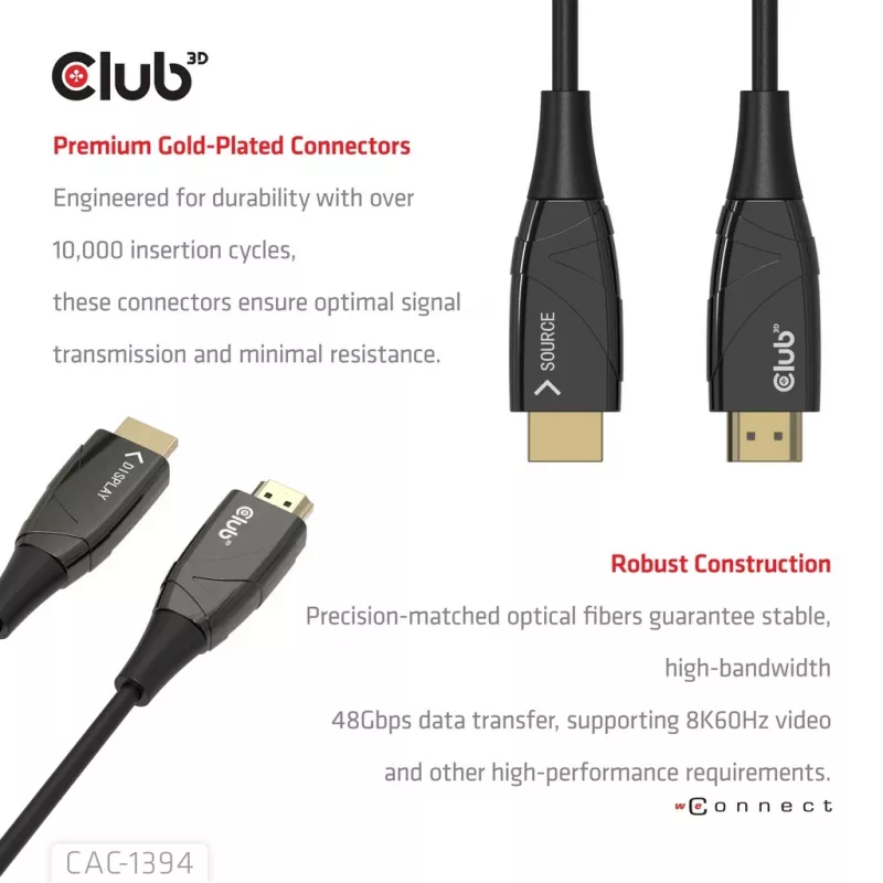 CLUB3D CAC-1394 itin didelės spartos AOC laidas 4K120Hz/8K60Hz vienakryptis M/M 100m