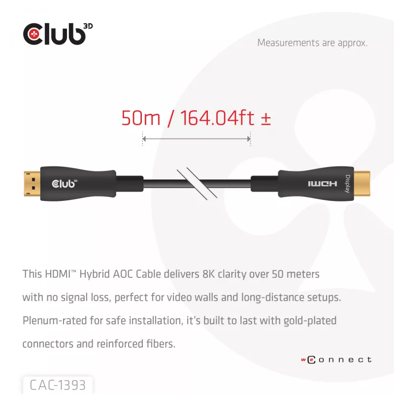 Club 3D HDMI Hybrid AOC laidas 8K60Hz / 4K120Hz 50 m, HDMI A tipo kištukas–kištukas