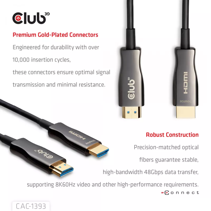 Club 3D HDMI Hybrid AOC laidas 8K60Hz / 4K120Hz 50 m, HDMI A tipo kištukas–kištukas