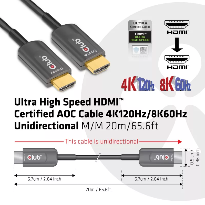 CLUB3D Ultra High Speed HDMI™ sertifikuotas aktyvus optinis laidas 4K120Hz/8K60Hz vienpusis M/M 20m