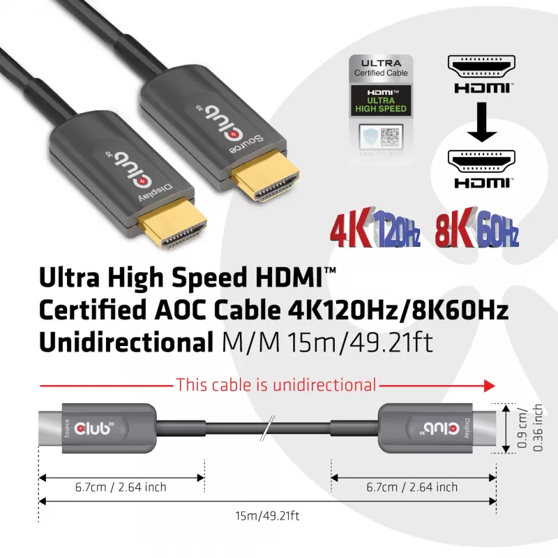 CLUB3D Ultra High Speed HDMI™ sertifikuotas aktyvus optinis laidas 4K120Hz/8K60Hz vienakryptis M/M 15m
