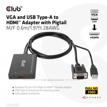 CLUB3D VGA ir USB Type-A į HDMI adapteris su pigtail kabeliu 0,6 m 28AWG