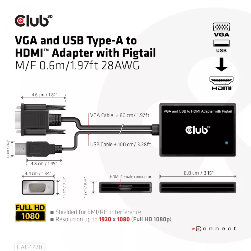 CLUB3D VGA ir USB Type-A į HDMI adapteris su pigtail kabeliu 0,6 m 28AWG