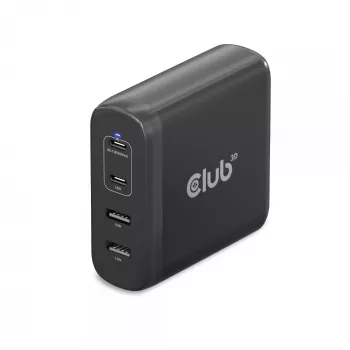 CLUB3D CAC-1912 kelioninis įkroviklis 100W GaN technologija, 2x USB-A ir 2x USB-C, Power Delivery 3.0