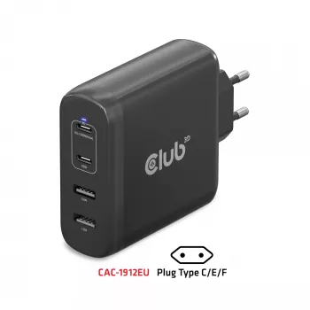 CLUB3D CAC-1912 kelioninis įkroviklis 100W GaN technologija, 2x USB-A ir 2x USB-C, Power Delivery 3.0