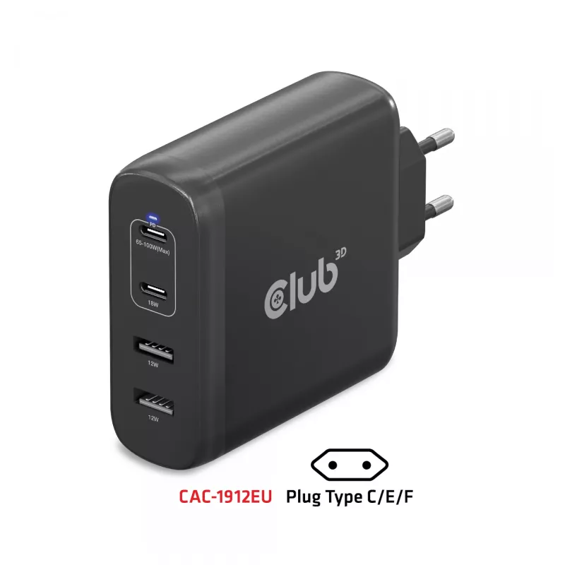 CLUB3D CAC-1912 kelioninis įkroviklis 100W GaN technologija, 2x USB-A ir 2x USB-C, Power Delivery 3.0