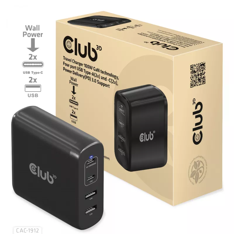 CLUB3D CAC-1912 kelioninis įkroviklis 100W GaN technologija, 2x USB-A ir 2x USB-C, Power Delivery 3.0