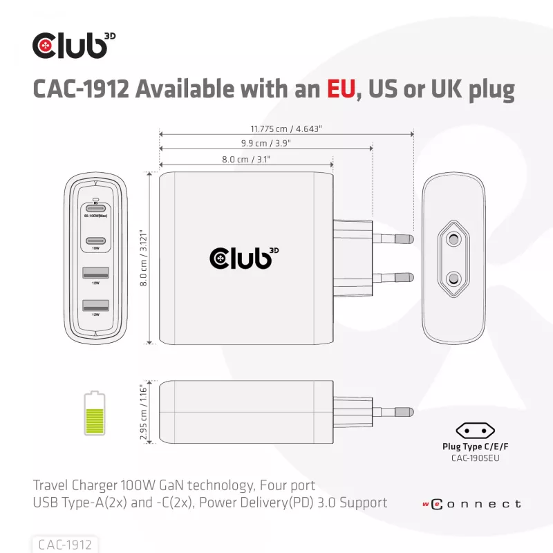 CLUB3D CAC-1912 kelioninis įkroviklis 100W GaN technologija, 2x USB-A ir 2x USB-C, Power Delivery 3.0