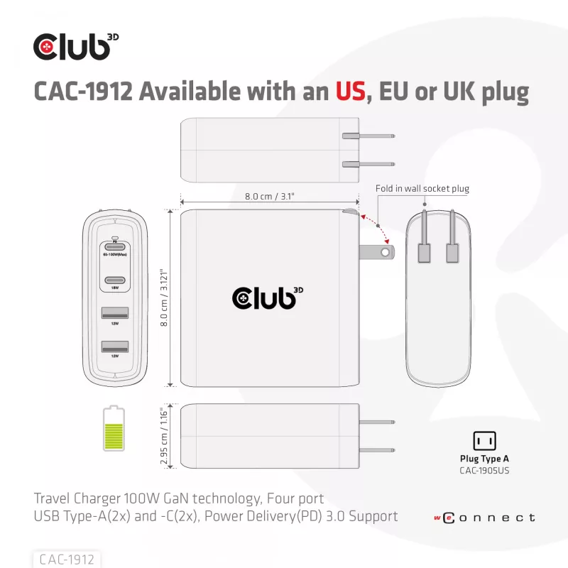 CLUB3D CAC-1912 kelioninis įkroviklis 100W GaN technologija, 2x USB-A ir 2x USB-C, Power Delivery 3.0
