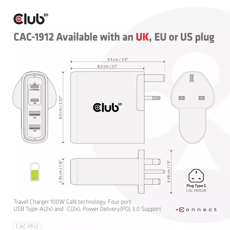 CLUB3D CAC-1912 kelioninis įkroviklis 100W GaN technologija, 2x USB-A ir 2x USB-C, Power Delivery 3.0