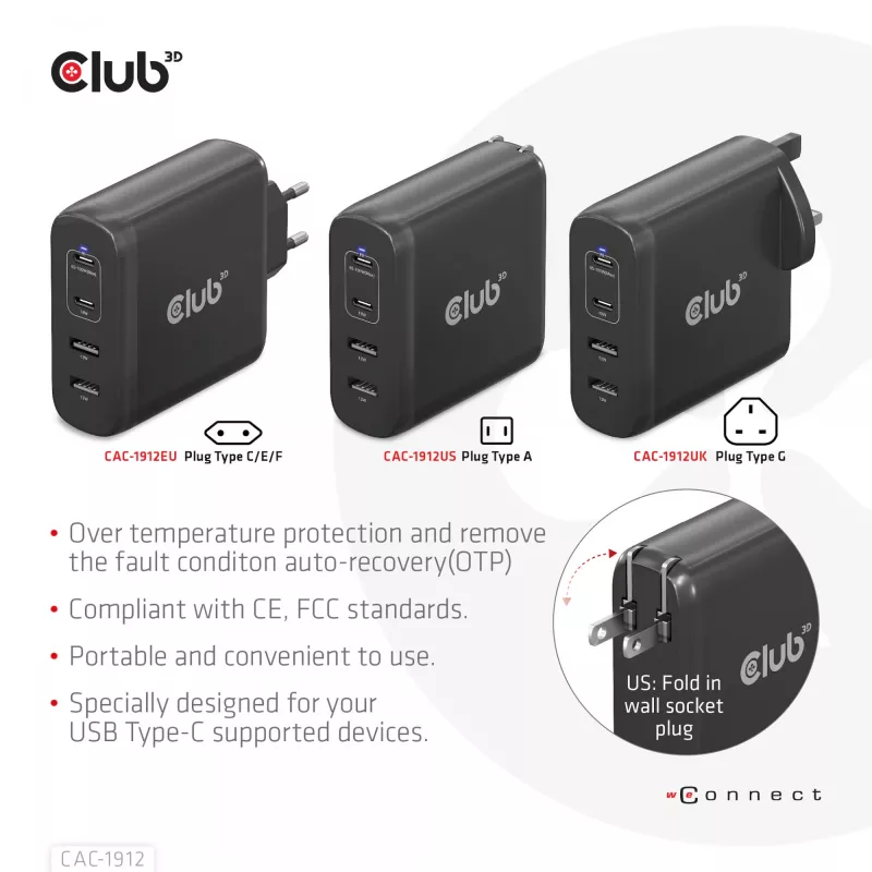 CLUB3D CAC-1912 kelioninis įkroviklis 100W GaN technologija, 2x USB-A ir 2x USB-C, Power Delivery 3.0