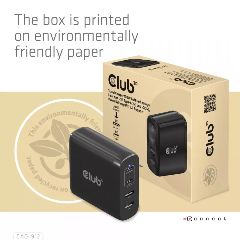 CLUB3D CAC-1912 kelioninis įkroviklis 100W GaN technologija, 2x USB-A ir 2x USB-C, Power Delivery 3.0