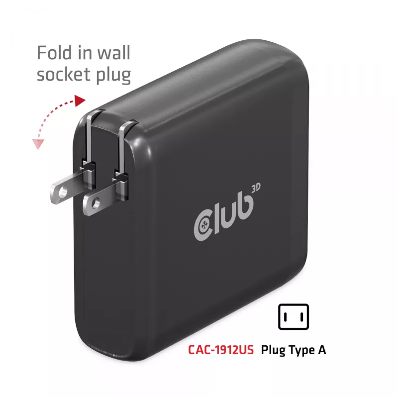 CLUB3D CAC-1912 kelioninis įkroviklis 100W GaN technologija, 2x USB-A ir 2x USB-C, Power Delivery 3.0