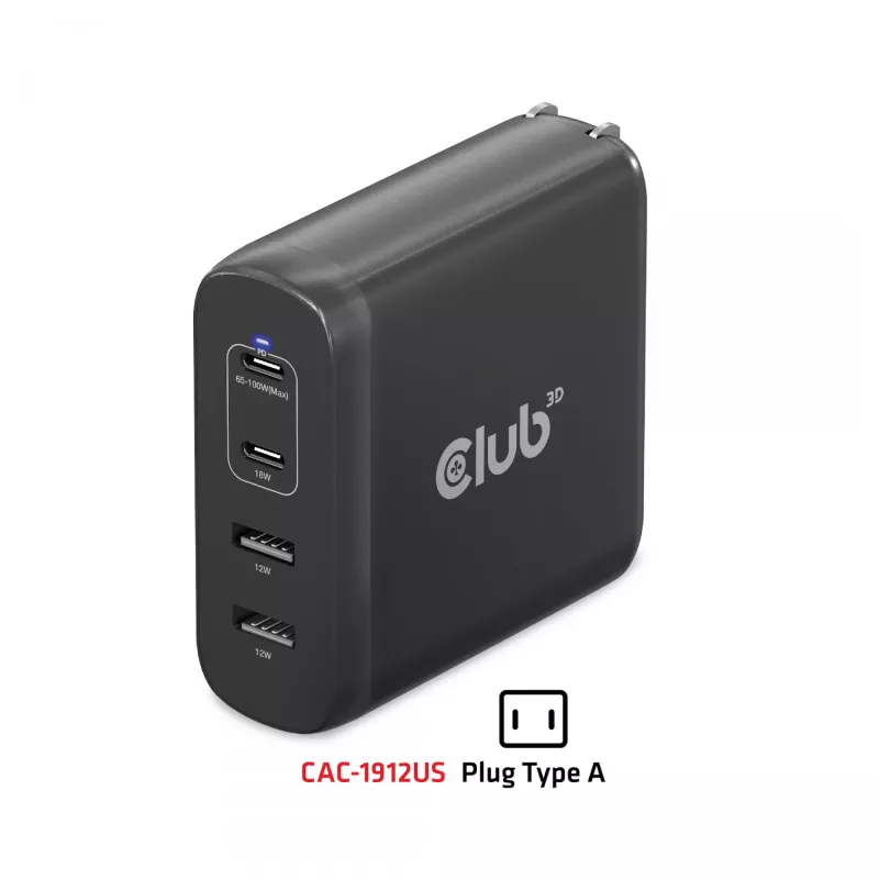 CLUB3D CAC-1912 kelioninis įkroviklis 100W GaN technologija, 2x USB-A ir 2x USB-C, Power Delivery 3.0