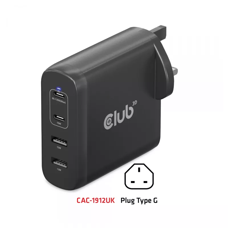 CLUB3D CAC-1912 kelioninis įkroviklis 100W GaN technologija, 2x USB-A ir 2x USB-C, Power Delivery 3.0