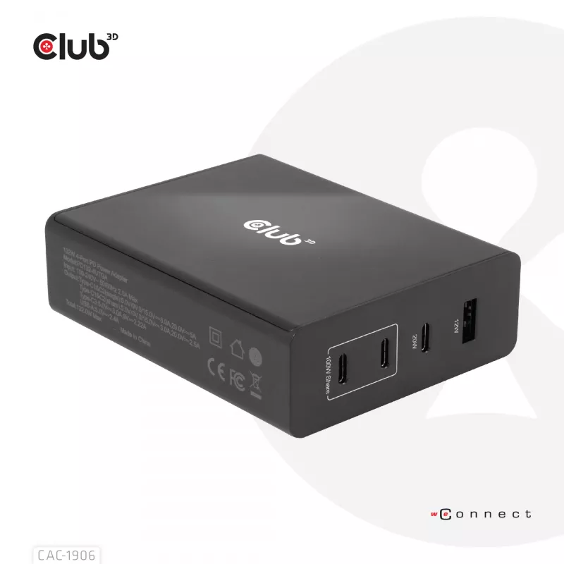 CLUB3D kelioninis įkroviklis 132W GAN technologija, keturi USB Type-A ir -C prievadai, Power Delivery (PD) 3.0 palaikymas