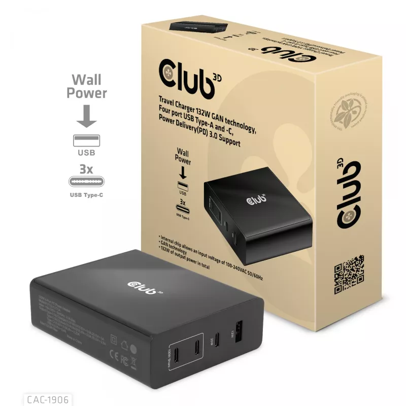 CLUB3D kelioninis įkroviklis 132W GAN technologija, keturi USB Type-A ir -C prievadai, Power Delivery (PD) 3.0 palaikymas