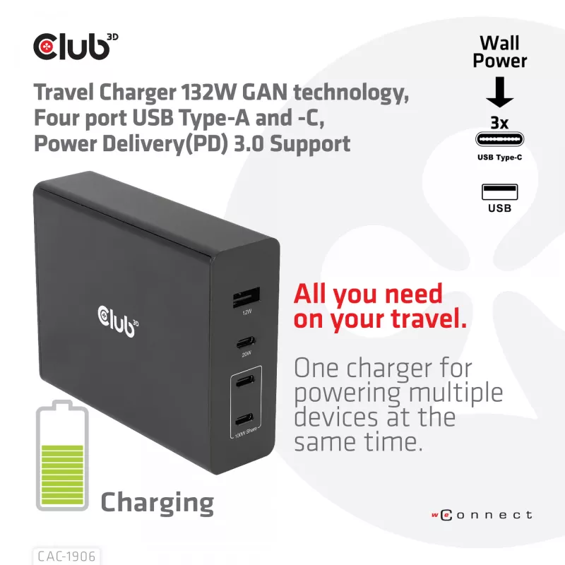 CLUB3D kelioninis įkroviklis 132W GAN technologija, keturi USB Type-A ir -C prievadai, Power Delivery (PD) 3.0 palaikymas