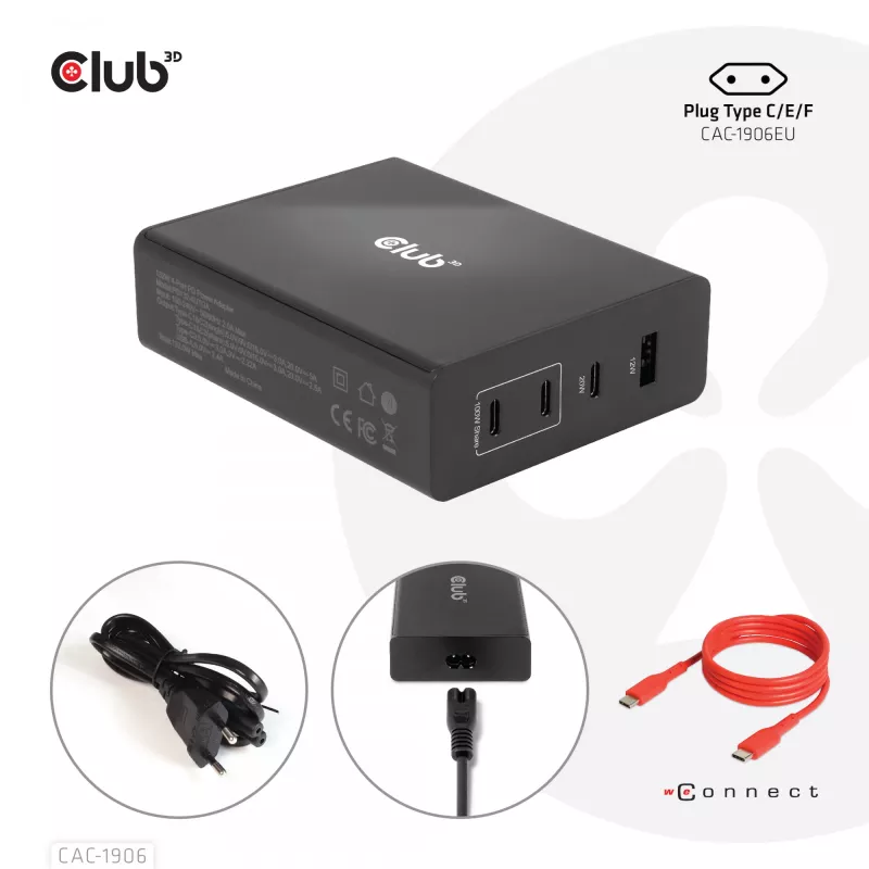 CLUB3D kelioninis įkroviklis 132W GAN technologija, keturi USB Type-A ir -C prievadai, Power Delivery (PD) 3.0 palaikymas