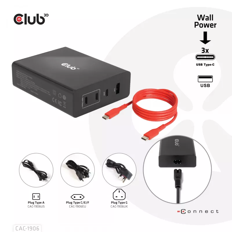 CLUB3D kelioninis įkroviklis 132W GAN technologija, keturi USB Type-A ir -C prievadai, Power Delivery (PD) 3.0 palaikymas