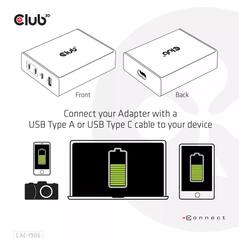 CLUB3D kelioninis įkroviklis 132W GAN technologija, keturi USB Type-A ir -C prievadai, Power Delivery (PD) 3.0 palaikymas