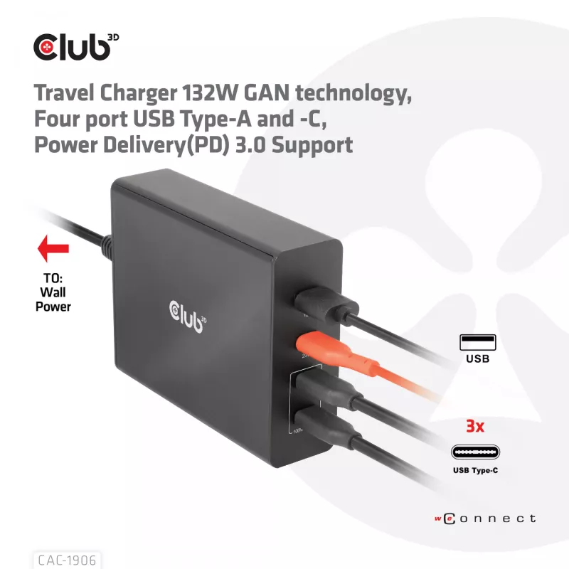 CLUB3D kelioninis įkroviklis 132W GAN technologija, keturi USB Type-A ir -C prievadai, Power Delivery (PD) 3.0 palaikymas