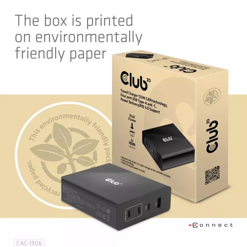 CLUB3D kelioninis įkroviklis 132W GAN technologija, keturi USB Type-A ir -C prievadai, Power Delivery (PD) 3.0 palaikymas