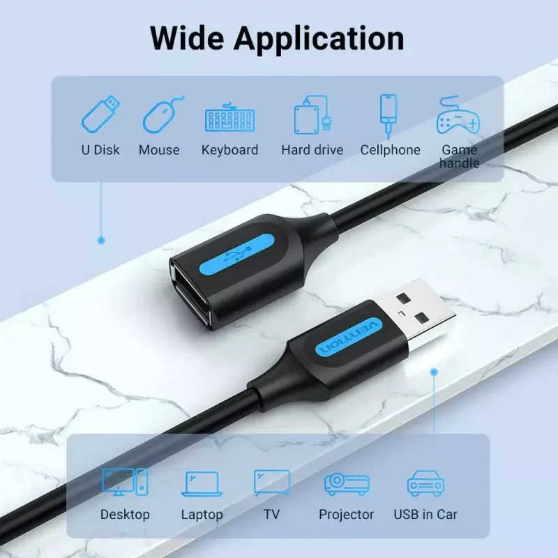 Vention USB 2.0 A patinas į A moterišką ilginimo laidas 3 m juodas PVC